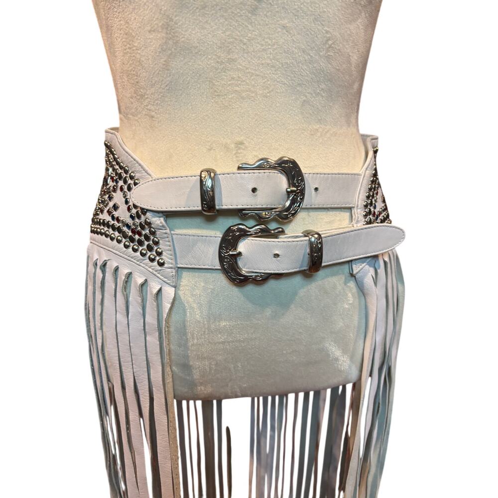 Vintage 80s/90s Kippys Leather Fringe Hip Belt White Studded Rhinestone